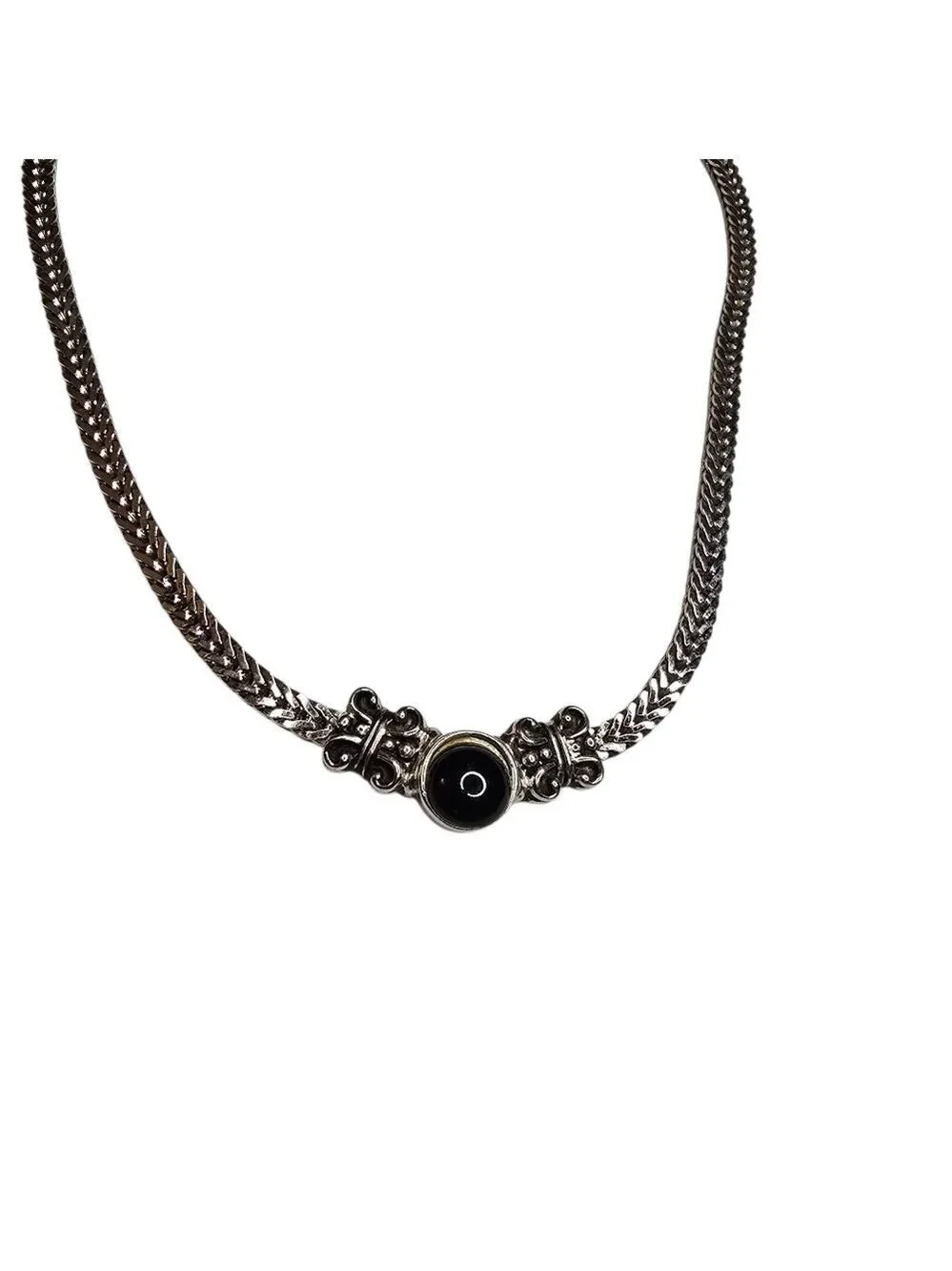 Silver Tone Black Stone Necklace